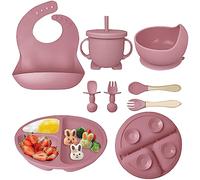 Hoidokly Coffret Repas Bebe Silicone, Lot de 8 Assiette Ventouse Silicone Antiderapant avec Compartiments, Ventouse Bol, Bavoir, Cuillère d’apprentissage, Assiette Enfant Set, Sans BPA - Rose Profond