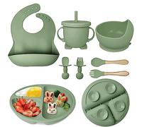 Hoidokly Coffret Repas Bebe Silicone, Lot de 8 Assiette Ventouse Silicone Antiderapant avec Compartiments, Ventouse Bol, Bavoir, Cuillère d’apprentissage, Assiette Enfant Set, Sans BPA - Armée Verte