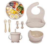 Hoidokly Coffret Repas Bebe Silicone, Lot de 8 Pièces Assiette Ventouse pour Bébé, Bavoir Bebe, Couvert Enfant et Tasse Apprentissage en Silicone sans BPA - Pratique et Facile à laver - Beige