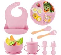 Hoidokly Coffret Repas Bebe Silicone, Lot de 8 Pièces Assiette Ventouse pour Bébé, Bavoir Bebe, Couvert Enfant et Tasse Apprentissage en Silicone sans BPA - Pratique et Facile à laver - Rose