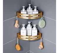 Hoinerus Lot de 2 étagères d'angle de salle de bain avec crochets et crochets - Fixation murale - Support pour shampooing, perçage ou adhésif - Doré brossé