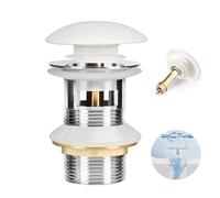 HOISGEAR Bonde Lavabo avec Trop-Plein, Bonde de Lavabo Pop-up Vidage Salle de Bain Bonde Clic Clac avec Couvercle en Céramique pour Vasque Salle de Bain, Universelle Standard-G 1 ¼, Finition Blanc