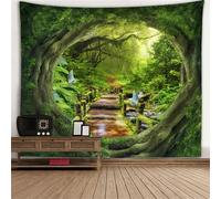 Hoisy Tapestries Tapisserie murale à suspendre Motif grotte de forêt verte 350 x 256 cm
