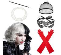 Hojalis Cruella Costume Halloween, Cruella Perruque Courte Noire Blanche avec Dentelle Masque Gants Set de Colliers, Femmes Noir Blanc Cosplay Perruques, Costume 70s Accessoires, Halloween Carnaval