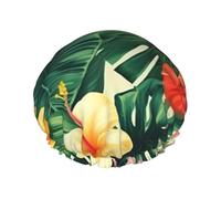 hojas tropicales y flores Bonnet de douche pour homme et femme, réglable, réutilisable, double couche, imperméable, doublure en EVA, bonnet de cheveux avec bande élastique pour toutes les longueurs de