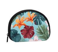Hojas Tropicales Y Flores Mini sac de rangement portable en polyester imprimé en forme de coquillage pour pièces de monnaie, Noir , Taille unique