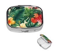 Hojas Tropicales y Flores Pilulier décoratif à 2 compartiments avec miroir pour sac à main ou poche Petit pilulier carré en métal pour médicaments et vitamines Cadeau de voyage