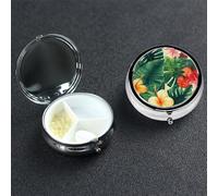 hojas tropicales y Flores Pilulier décoratif à 3 compartiments avec miroir pour sac à main ou poche Petit pilulier rond en métal pour médicaments et vitamines Cadeau de voyage