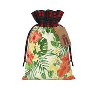 Hojas Tropicales Y Flores Sac de Noël à carreaux avec cordon de serrage pour emballage cadeau de fête de Noël