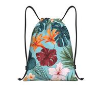 Hojas Tropicales Y Flores Sac de sport léger avec cordon de serrage - Sac de sport pliable résistant à l'eau avec bandoulière réglable, idéal pour le sport, le yoga, les voyages et l'école, Noir , S