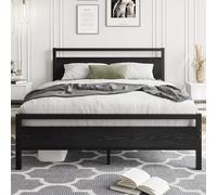 HOJINLINERO Cadre de lit double en bois et métal, 140 cm, Noir, Pas besoin de sommier tapissier, Support à lattes en acier amélioré industriel, Tête de lit inclus