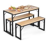 HOKEEPER Ensemble de table à manger avec 2 bancs, salon peu encombrant pour cuisine, salle à manger et restaurant, groupe de table industriel avec cadre en acier, marron clair