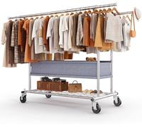 HOKEEPER Portant à vêtements robuste à double rail sur roulettes, capacité de 283 kg, avec panier de rangement en tissu et étagère inférieure, longueur et hauteur extensibles pour chambre à coucher