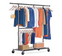 HOKEEPER Tringle à vêtements robuste sur roulettes - Charge maximale : 150 kg - Avec étagères de suspension - Pour chambre à coucher, bureau, magasin - Acier chromé - Noir