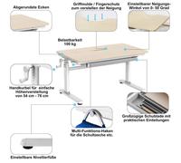 HOKO® fsc Ergo Bureau d'écolier réglable en hauteur 54-76 cm, 100x60 cm, plateau de table inclinable avec tiroir, bureau d'enfant stable & compact