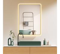HOKO Miroir de salle de bain antibuée LED 60x80cm avec cadre HAUT+QUER Montage Interrupteur tactile+lumière alternante blanc chaud-blanc froid-neutre Interrupteur mural activable