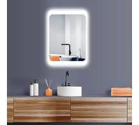 HOKO® Miroir de Salle de Bain LED 50 x 70cm, Horloge numérique, Fonction mémoire, capteur Tactile, Interrupteur Mural, 3 Couleurs d'éclairage LED, 3000-6000K.