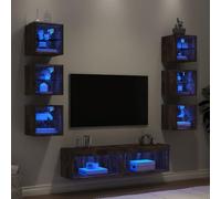 Holamys 8 pièces. Ensemble de meubles de salon avec éclairage LED RVB, bois de chêne fumé, montage mural, ensemble de rangement pour salon, design moderne
