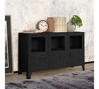 Holamys Buffet industriel noir 105 x 35 x 62 cm, métal et verre, armoire de rangement robuste pour cuisine, salle à manger, salon, avec portes en verre et porte-badges