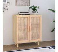 Holamys Buffet marron 60 x 30 x 70 cm en pin massif et rotin naturel, 2 compartiments, pieds en bois, pour salon, salle à manger, bureau, couloir