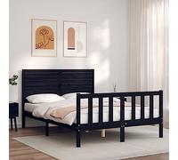 Holamys Cadre de Lit Double Noir en Bois de Pin Massif 135x190 cm, Sommier à Lattes Robuste, Tête et Pied de Lit Fonctionnels pour Chambre