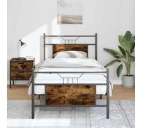 Holamys Cadre de Lit en Bois d'Ingénierie Chêne Fumé 75x190 cm, Structure Robuste en Acier, Tête et Pied de Lit Fonctionnels, Espace de Rangement, Sommier à Lattes Inclus