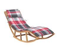 Holamys Chaise longue à bascule en teck massif pour jardin et terrasse, résistante aux intempéries, avec coussin rouge, idéale pour bronzer au bord de la piscine, se balancer doucement pour des heures