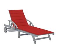 Holamys Chaise longue de jardin en bois d'acacia massif avec dossier réglable, plateau extensible et coussin rouge confortable pour terrasse, piscine et espaces de vie en plein air
