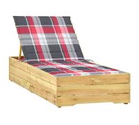 Holamys Chaise longue de jardin en pin imprégné avec dossier réglable, coussin à carreaux rouge, parfait pour les heures de détente en plein air, piscine ou terrasse