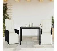 Holamys Ensemble bistro de jardin 3 pièces en rotin synthétique noir, fauteuils réglables, plateau de table en verre trempé, coussins blanc crème, résistants aux UV, meubles d'extérieur pour balcon