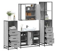 Holamys Ensemble de 4 meubles de salle de bain gris Sonoma en bois de sonoma moderne, robuste, avec miroir, meuble de lavabo, deux armoires de salle de bain, structure en métal, pour salle de bain