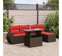 Holamys Ensemble de 6 meubles de jardin en polyrotin marron acacia avec coussins, espace de rangement et table pliante, résistant aux UV, pour terrasse et balcon