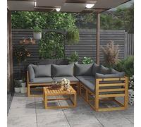 Holamys Ensemble de 6 pièces Salon de jardin en bois massif d'acacia finition à l'huile, coussins gris foncé, modulaire pour terrasse, balcon et meubles d'extérieur, ensemble de meubles de terrasse