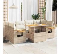 Holamys Ensemble de 7 canapés de jardin en polyrotin d'acacia beige avec coussins, espace de rangement, table pliante pour terrasse, balcon, extérieur