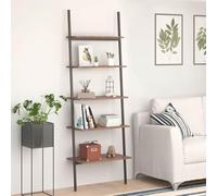 Holamys Étagère échelle à 5 étagères, marron foncé et noir, 64 x 34 x 185,5 cm, cadre en acier pour livres, plantes, bureau et salon