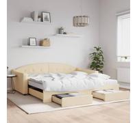 Holamys Lit de Jour Crème 100x200 cm avec Lit Gigogne, Deux Matelas en Mousse, Tiroirs de Rangement, Structure Robuste en Tissu Durable pour Chambre d'amis