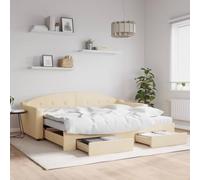 Holamys Lit de Jour Crème 90x200cm avec Lit Gigogne Coulissant et Deux Tiroirs de Rangement, Cadre de Lit Robuste en Tissu pour Chambre d'amis