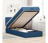Holamys Lit ottoman avec matelas et LED, bleu, 90 x 190 cm, en tissu, lit capitonné avec grand espace de rangement, matelas à ressorts ensachés, surmatelas, meuble de chambre à coucher confortable