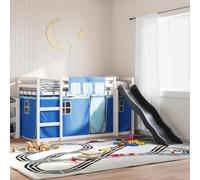 Holamys Lit Superposé Enfant Blanc 90x200 cm avec Toboggan Anthracite, Rideaux Bleus, Cadre en Pin Massif, Sécurité Renforcée, pour Chambre