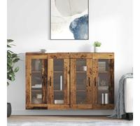 Holamys Lot de 2 armoires murales, aspect bois vieilli 69,5 x 34 x 90 cm, avec portes en verre, pour salon et cuisine, rangement polyvalent