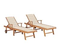 Holamys Lot de 2 chaises longues de jardin en teck - Coussins crème - Dossier réglable - Chaise longue robuste avec roulettes - Idéal pour terrasse, piscine et jardin