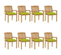 Holamys Lot de 8 chaises de jardin empilables en teck massif finement poli, 60 x 57,5 x 90 cm, avec coussins vert clair, résistantes aux intempéries, pour balcon et terrasse