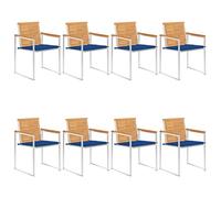 Holamys Lot de 8 chaises de jardin en teck massif - Cadre en acier inoxydable - Empilables - Résistantes aux intempéries - Avec coussins bleu roi - Pour salles à manger en plein air - 60 x 56 x 85 cm