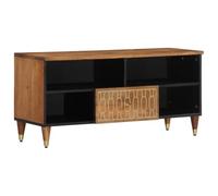 Holamys Meuble TV 100 x 33 x 46 cm, en bois massif de mangue, sculpté à la main, support TV robuste, pour salon, centre de divertissement stable avec espace de rangement