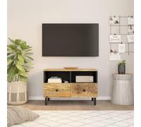 Holamys Meuble TV 70 x 33 x 46 cm, en bois massif de mangue, meuble multimédia robuste avec espace de rangement pour salon, pieds en fer, meuble TV durable