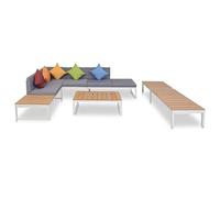 Holamys Salon de Jardin 5 pcs avec Coussins en Aluminium et WPC, Ensemble mobilier extérieur Patio, canapé d'angle, Chaise Longue, Table Basse, Coussins Confortables pour Balcon et Jardin