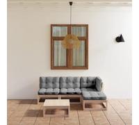 Holamys Salon de jardin 5 pièces en pin massif, coussins gris, modules de 70 x 70 cm, meubles d'extérieur robustes pour terrasse, balcon, détente en famille et entre amis