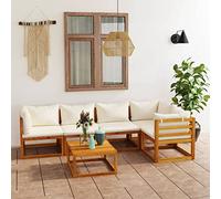 Holamys Salon de jardin 6 pièces en bois d'acacia massif avec finition à l'huile protectrice, coussins crème, meubles d'extérieur et table basse