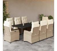 Holamys Salon de jardin 9 pièces en polyrotin beige avec fauteuils réglables, table en verre 200 x 100 cm, ensemble de meubles d'extérieur pour terrasse, balcon