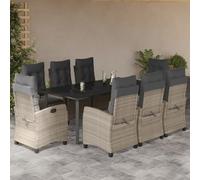 Holamys Salon de jardin 9 pièces en polyrotin gris clair, chaises réglables, table en verre 200 x 100 cm, résistant aux UV et aux intempéries